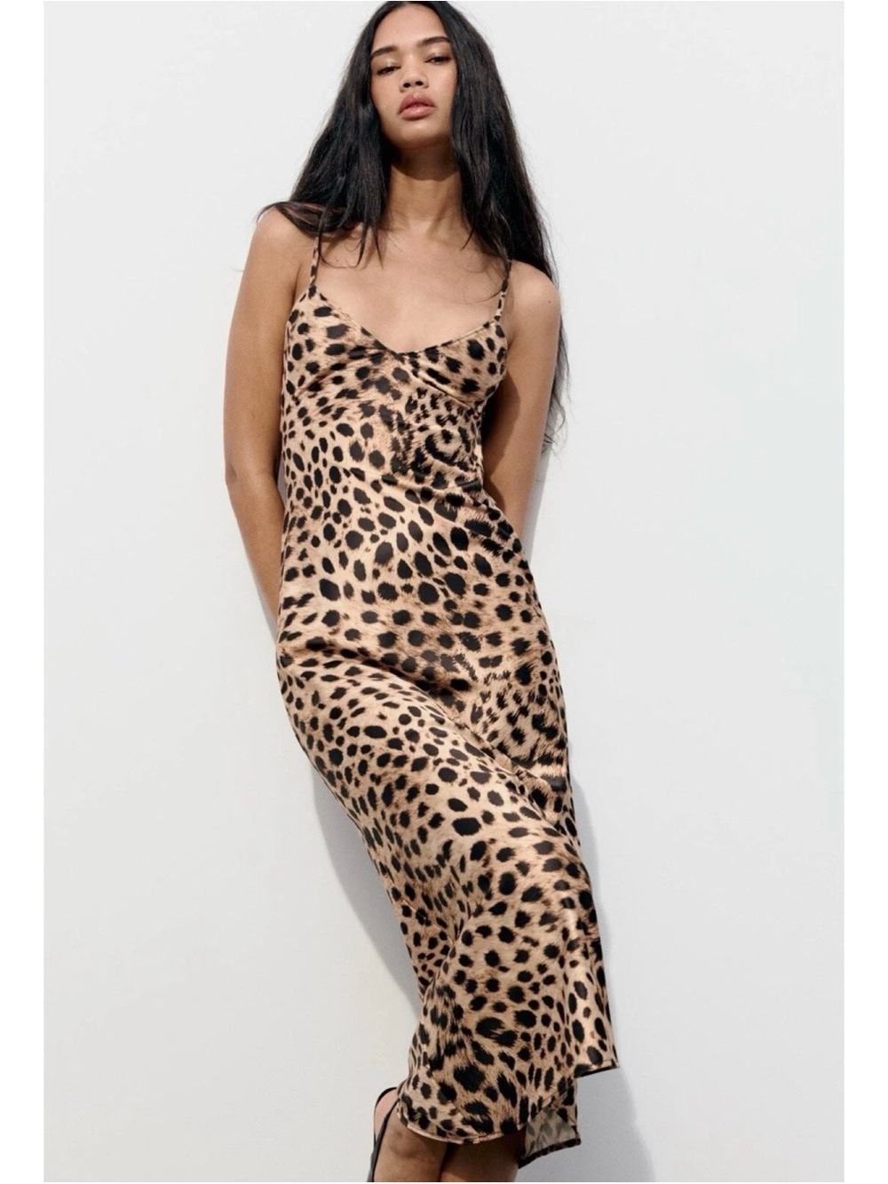 Zara Animal Print Satin Slip Midi Dress Leopard Size Large
